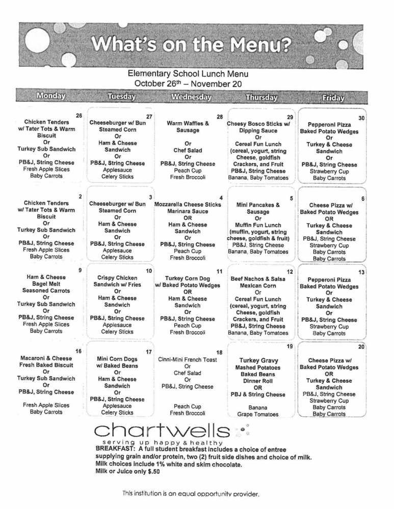 Oct. 26-Nov. 2020 Elem. Lunch Menu